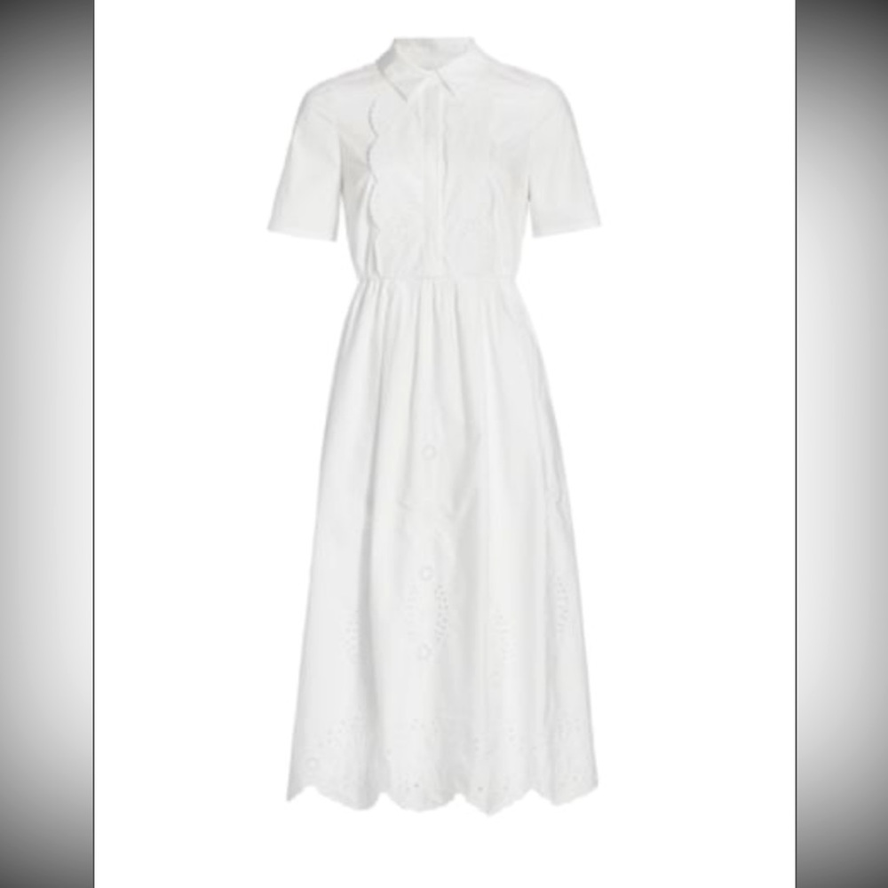 SELF-PORTRAIT Embroidered Eyelet Lace White 100% Cotton Lined Midi Dress size 12
